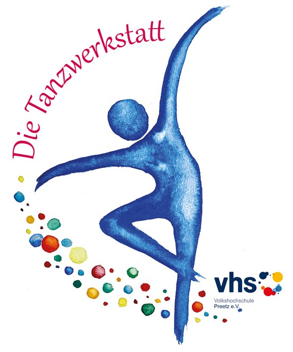 Logo der Tanzwerkstatt Preetz. Eine blaue Figur in Tanzpose mit dem Schriftzug Die Tanzwerkstatt und vielen punten Punkten